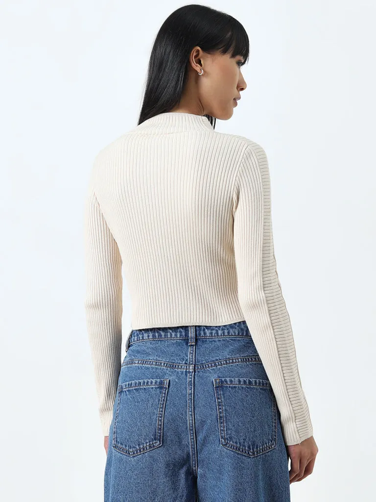 Nuon Beige Ribbed Cotton Blend Cardigan